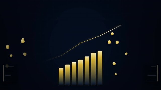 A sleek digital chart with golden bars ascending from left to right, surrounded by floating golden dots on a dark background indicating growth