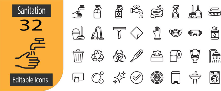 Set of 32 outline icons related to Sanitation Linear icon collection. Editable stroke. Vector illustration