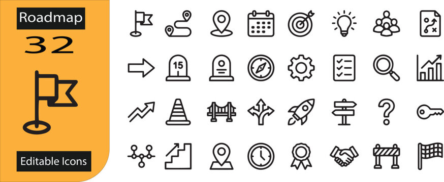 Set of 32 outline icons related to Roadmap Linear icon collection. Editable stroke. Vector illustration