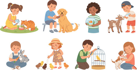 Fototapeta premium Children Caring for Pets Vector Set Featuring Kids Feeding Cats, Dogs, Rabbits, Birds, and Other Animals for Education and Animal Care Illustrations