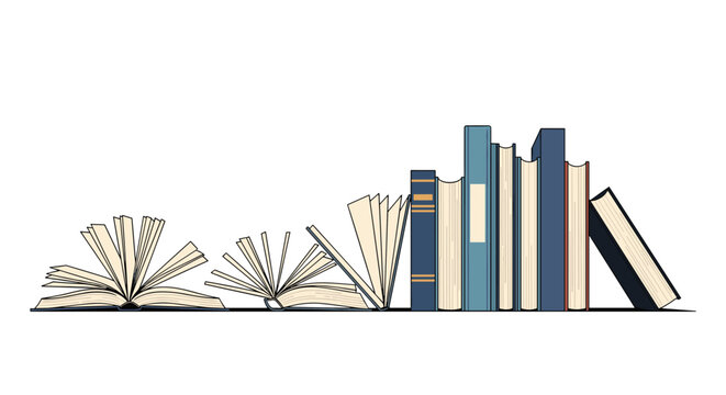 Variety of educational books with some standing vertically and others lying open to show pages on a white surface.