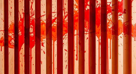 Fototapeta premium Red liquid dripping down wooden slats with liquid art paint drip abstract background paint splatters intense color abstract texture motion blur