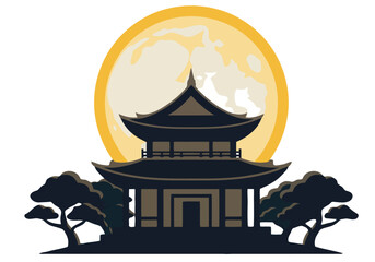 A serene moon temple silhouette glows beneath a radiant full moon. Traditional Asian architecture and lush trees create a mystical, peaceful scene. Ideal for spiritual or travel themes. © Vector Holiday