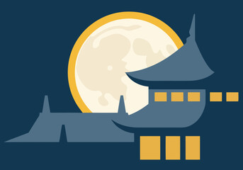 A stylized moon temple silhouette glows beneath a full moon, evoking serenity and spiritual peace.  A modern, minimalist design perfect for wellness or travel themes. © Vector Holiday
