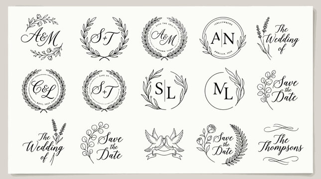 Wedding Monograms and Emblems - Elegant Floral Wreath Designs for Invitations