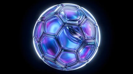 Naklejka premium High tech soccer ball with hexagonal iridescent panels and chrome frame glowing isolated on dark cosmic background 3d art.