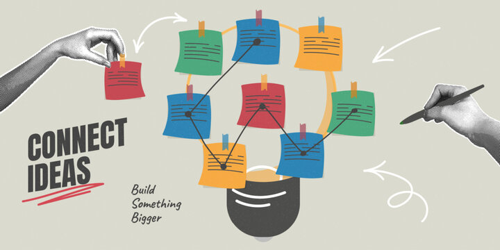 Hands affixing sticky notes to a wall to organize information and connect ideas. Trendy halftone collage. A concept representing brainstorming, project management, teamwork, and creative thinking for