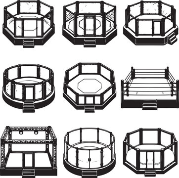Set of mma fighting cage and boxing ring icons in isometric style for combat sports tournament design