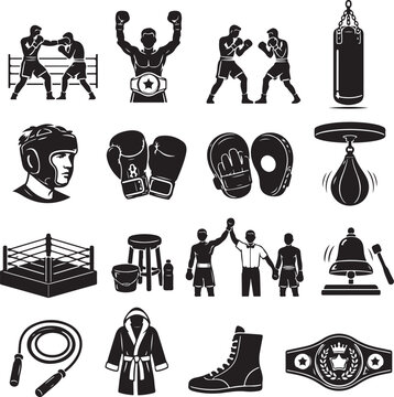 Set of black boxing icons and silhouettes featuring fighters in the ring, gloves, punching bags, championship belts, and gym equipment for sports design