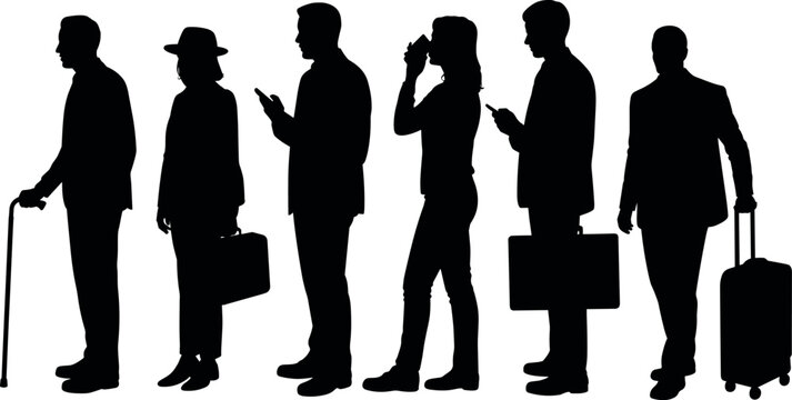 Silhouette of diverse people waiting in line holding briefcases luggage and using smartphones standing in a queue side view