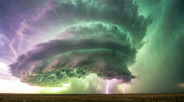 Massive tornado forming over stormy green sky with dramatic clouds and lightning