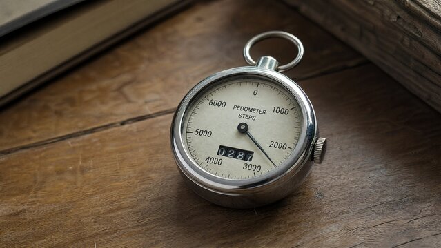 pedometer. Classic mechanical pedometer on wooden surface with visible dial numbers. safety posters, maintenance manuals, designed for industrial assembly lines and welding operations.