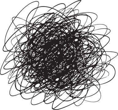 Black ink scribble doodle made with messy chaotic tangled circular pen lines