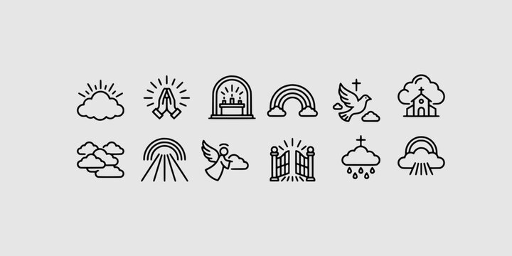 Icon set collection of heavenly and divine elements featuring clouds angel praying hands church gate rainbow sunrays and Christian spiritual symbols