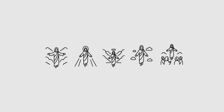Icon set collection of Jesus Christ ascension illustrations depicting the resurrection divine light clouds and blessing his disciples in line art.