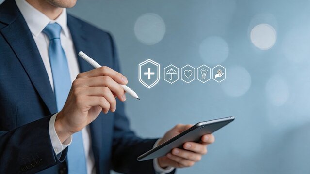 Executive holding stylus and tablet displaying healthcare and insurance symbols like shield, umbrella and lightbulb for comprehensive wellness and safety planning strategy