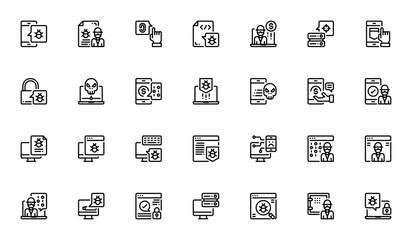 Hacker icon set. Cybersecurity vector icons. Featuring hacker, virus, smartphone, computer, browser, binary, fingerprint and more. Editable vector stroke. © wang