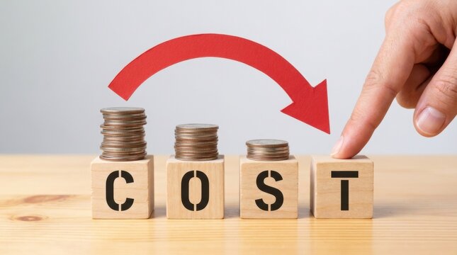 Hand adjusting wooden blocks spelling 'cost' with coins and red arrow on a table