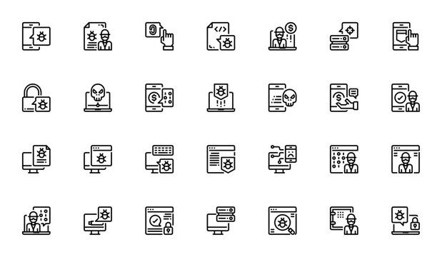 Hacker icon set. Cybersecurity vector icons. Featuring hacker, virus, smartphone, computer, browser, binary, fingerprint and more. Editable vector stroke.