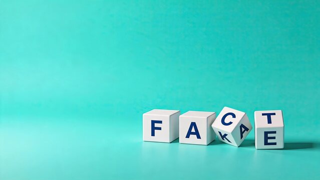 Fake news concept with white cubes spelling FAKE on teal background, symbolizing misinformation, disinformation, truth distortion, media literacy awareness, digital deception,