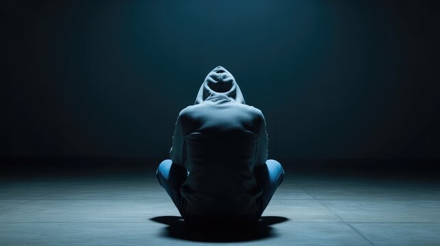 A mysterious person wearing a hooded sweatshirt sits in a meditative pose within this dramatic and moody cinematic lighting photo