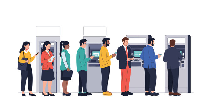 Long queue of diverse people waiting patiently in line to use automated teller machines for financial transactions.