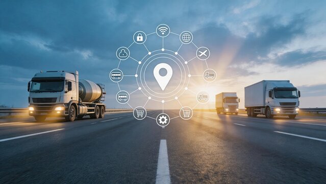 Transport trucks driving on highway at sunset with logistics tracking overlay, global shipping and delivery network concept, supply chain management, GPS location pin icon,