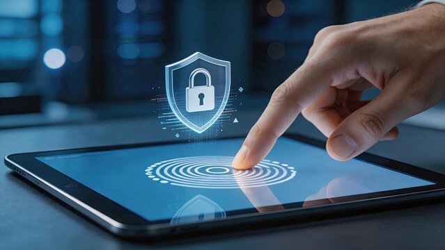 Hand scanning fingerprint on tablet screen with digital shield lock icon, cybersecurity protection concept, biometric authentication technology, data privacy and encryption,