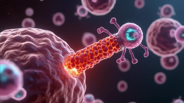 Microscopic cellular invasion, animated 3D microscopic view of a virus infecting a larger cell with detailed appendages and glowing interior