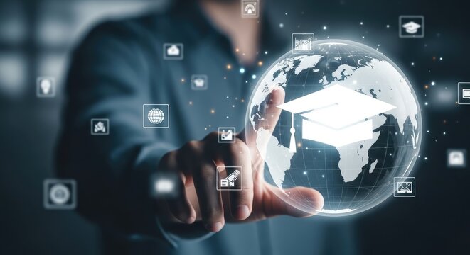 Man touching globe with graduation cap and hand