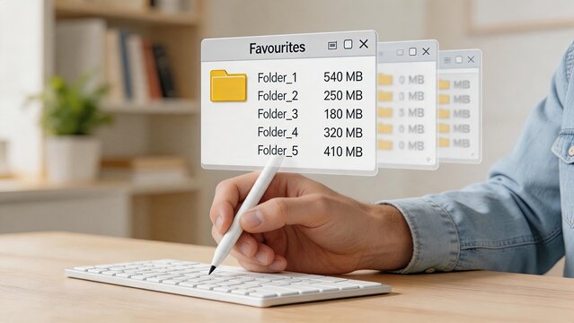 Digital file storage management interface, hand holding stylus over keyboard, floating windows showing folder sizes in megabytes, data organization and cloud backup concept.