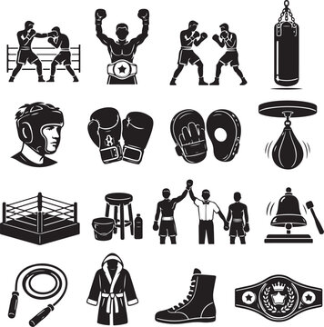 Set of black boxing icons and sport equipment symbols including boxers in a ring gloves punching bag champion belt and protective headgear for training