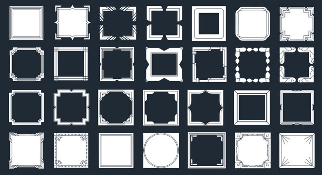 Large assortment of thirty-two various white decorative frame borders with different geometric and ornate designs.