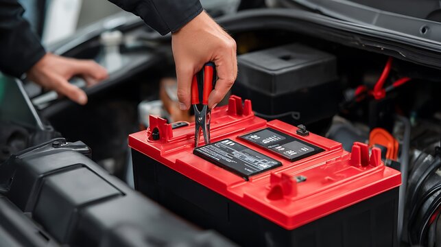Mechanic connects jumper cables to a red car battery to restore power to the vehicle engine system.