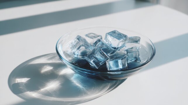 Refreshing ice cubes in a clear glass bowl casting subtle shadows on a bright tabletop surface in natural light for a cool and modern aesthetic