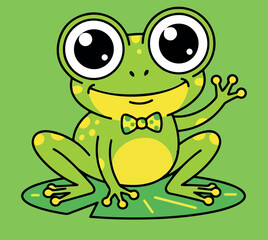 Fototapeta premium Cute Cartoon Frog Character Waving Hello Sitting on a Lily Pad