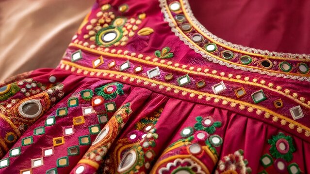shockabsorber. Close-up of a traditional garment with intricate mirror work and silk embroidery. STEM education sheets, lab safety posters, designed for biotech research communications.