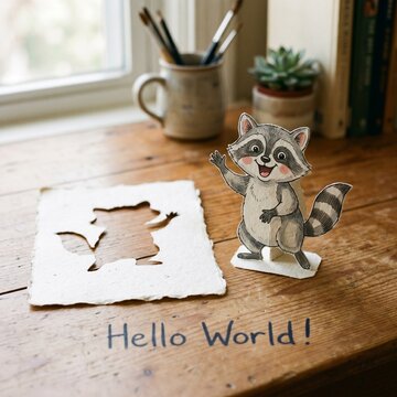 Cute Raccoon Paper Craft Standee with Hello World Message