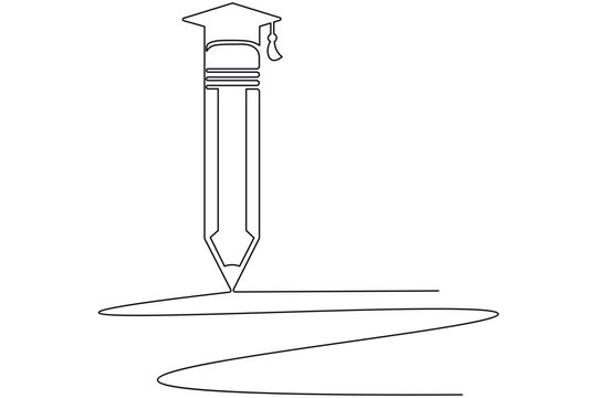 Minimal pencil with graduation cap continuous one line drawing creative sketch vector illustration