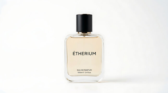 Clear glass perfume bottle with black cap on white 1