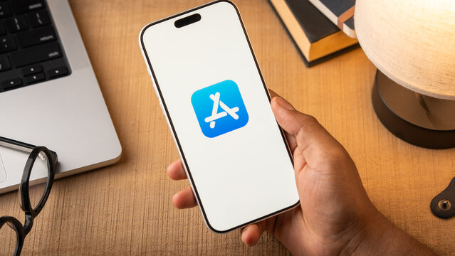 Apple App Store logo is displayed on the screen of a smartphone, in Bangalore, India, on May 15, 2026