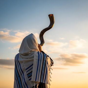 A religious man wearing a tallit shawl blows a traditional shofar horn during a peaceful and golden sunset outdoor session