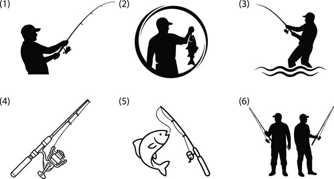 Fishing Silhouette Icons Set with Fisherman, Fish, Rod and Reel for Outdoor Sport Vector Collection