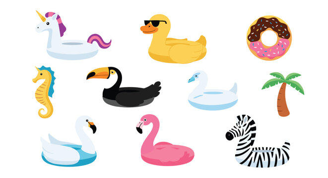 Set of colorful inflatable pool floats in various shapes like unicorn duck and flamingo for summer leisure and beach parties.