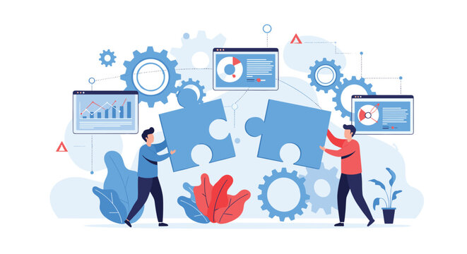 Two businessmen assembling large blue puzzle pieces with gear and data screen backgrounds for team strategy and solution concepts.