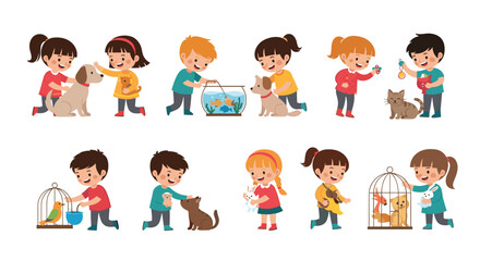 Fototapeta premium Happy children playing and caring for their pet animals including dogs, cats, birds, and fish in a friendly cartoon illustration style.