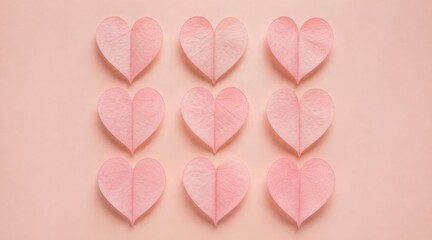 Obraz premium Nine Pink Heart-Shaped Leaves Arranged in a Grid on a Pastel Pink Background, Top-Down View