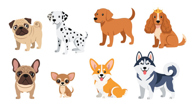Collection of various dog breeds including a pug, dalmatian, labrador, and husky shown in a cute and friendly cartoon illustration style.