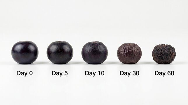 Progression of fruit decomposition with five berries illustrating the natural aging process over 60 days isolated on a clean white background for scie