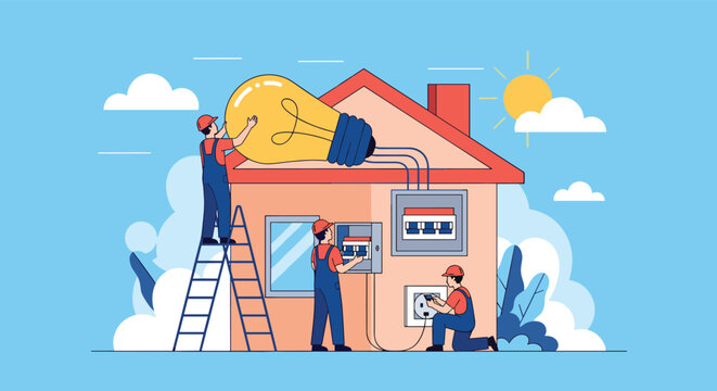 Professional electricians installing wiring and fixing power outlets on a house with a giant light bulb on the roof.